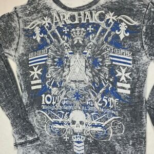 Archaic Affliction Mens Long Sleeve Shirt Burnout Graphic Skull Wing Grey Blue L